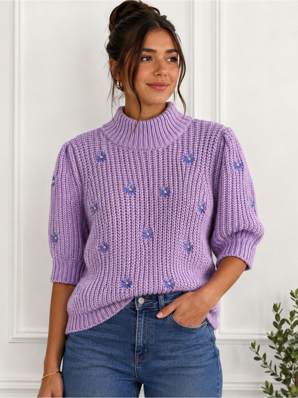 English Factory Lavender Daisy Embellished Ribbed Mock Neck knit Sweater